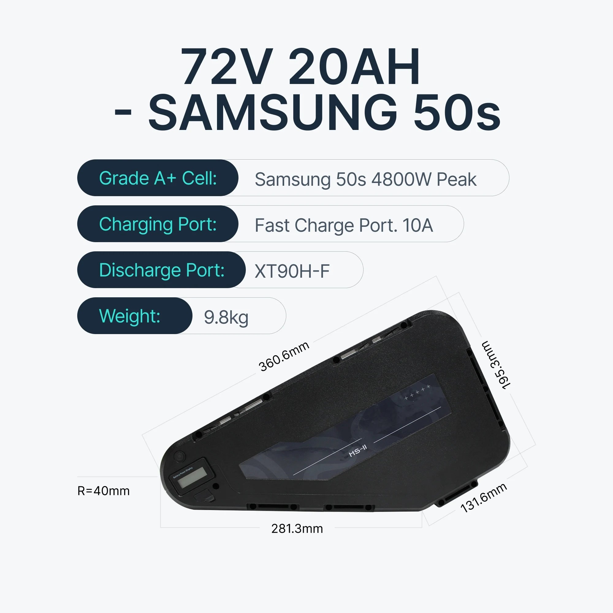 Black triangular 72V 20Ah e-bike lithium battery with a digital display and detailed technical dimensions.