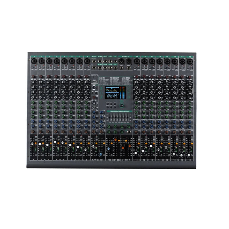 Professional charcoal-grey 10-channel audio mixer with a central digital display, rotary knobs and sliders.