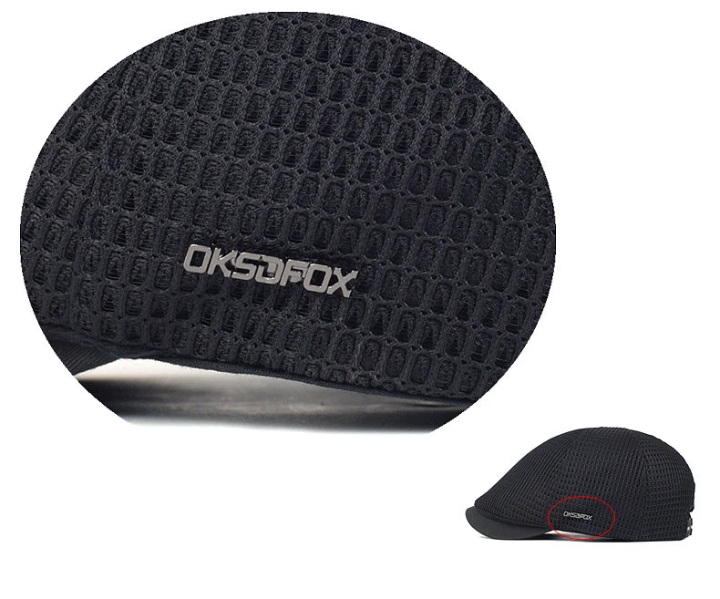 Unisex black flat cap featuring a breathable, textured mesh material for a lightweight and comfortable fit.