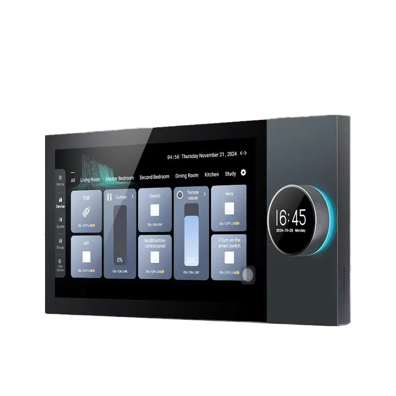 A sleek, dark grey smart home control panel with a 7-inch touchscreen, home automation icons, and a glowing side dial.