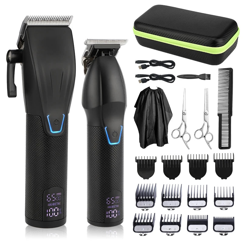Rechargeable black electric hair trimmer set with LED battery display, travel case, comb, scissors, and guide combs.