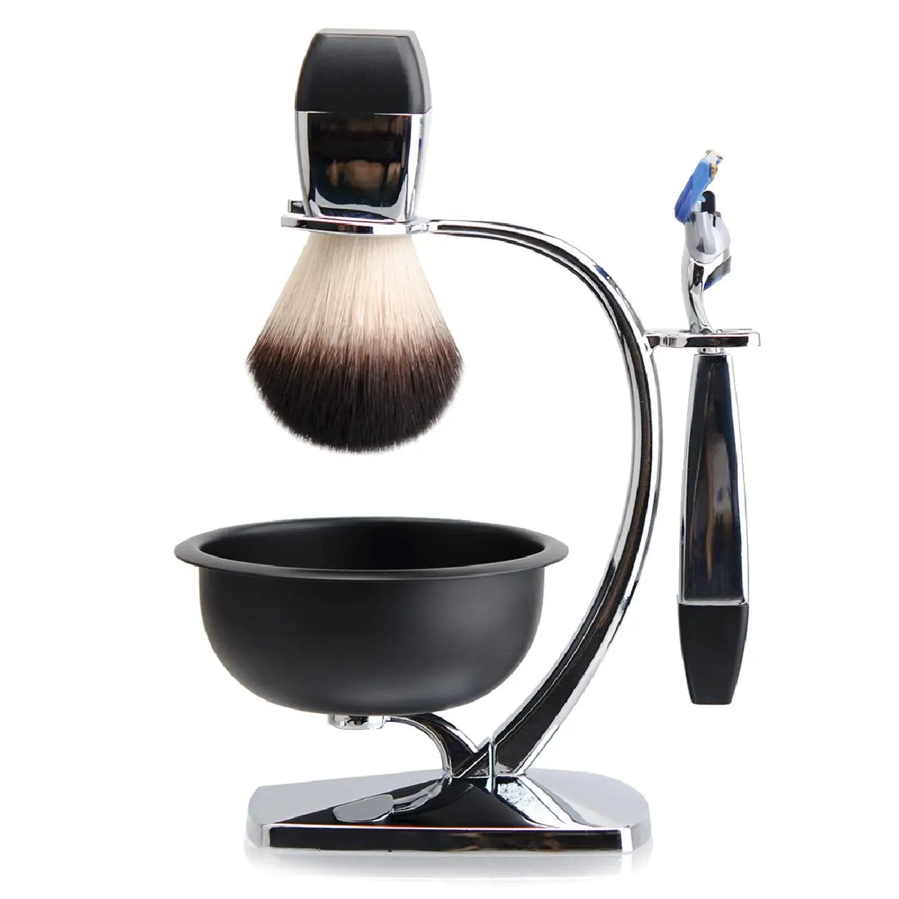 Classic men's grooming set featuring a shaving brush, razor, and bowl on a polished chrome stand.