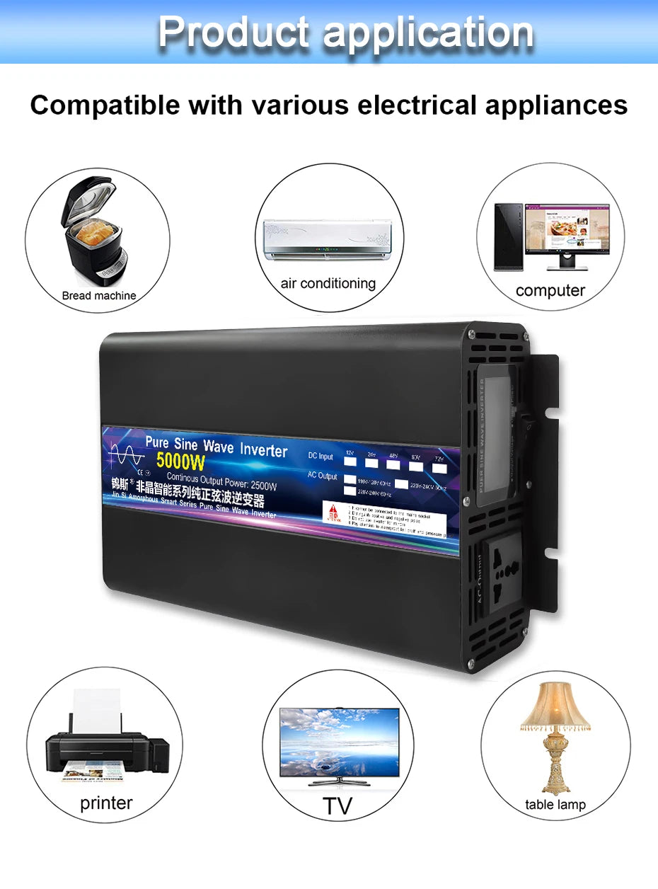Black 5000W pure sine wave power inverter with digital display, showing compatibility with various home appliances.
