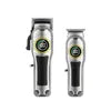 Two professional silver and black electric hair clippers with digital displays on a white background.