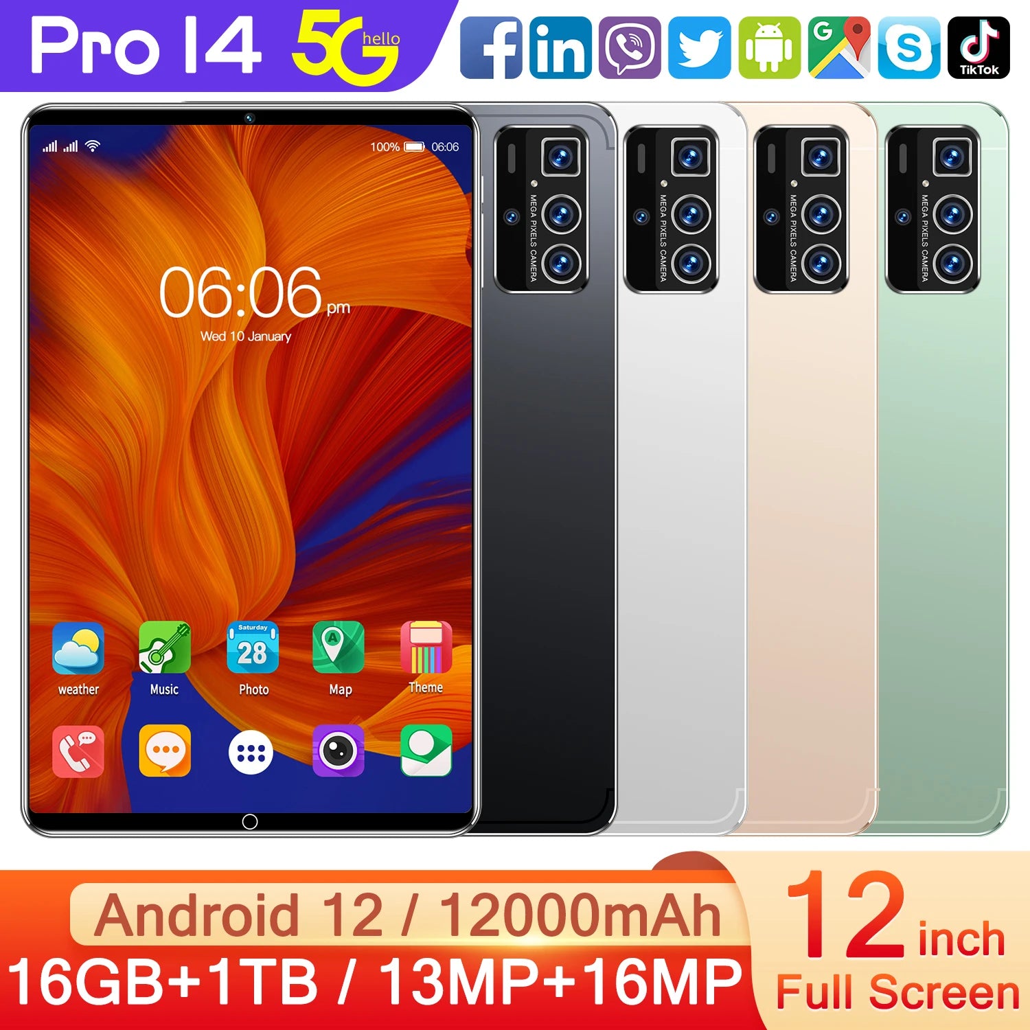12-inch Android tablet with a slim, modern design. Available in black, silver, gold, and green with a triple camera.