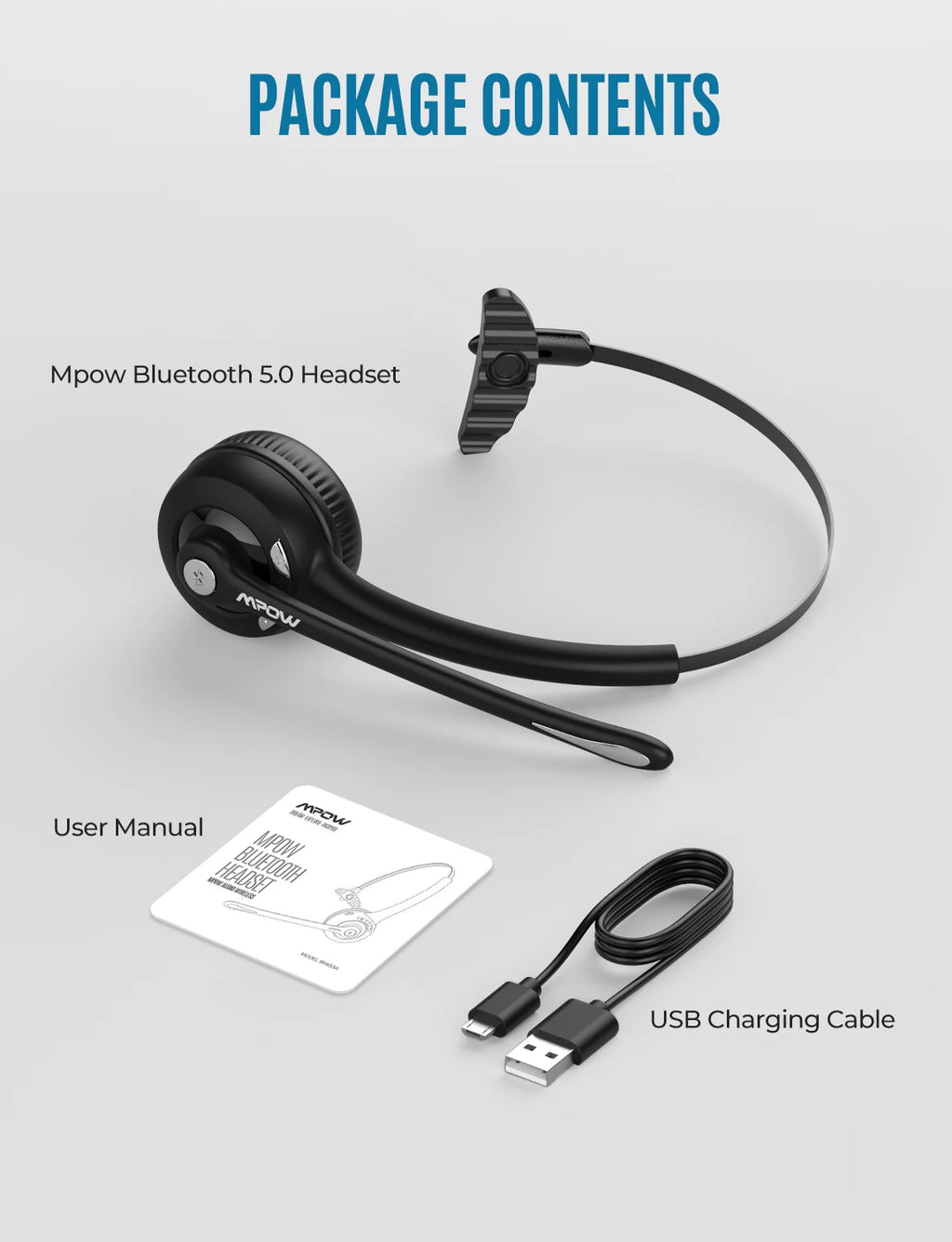 Black wireless office headset with microphone, user manual, and USB charging cable.