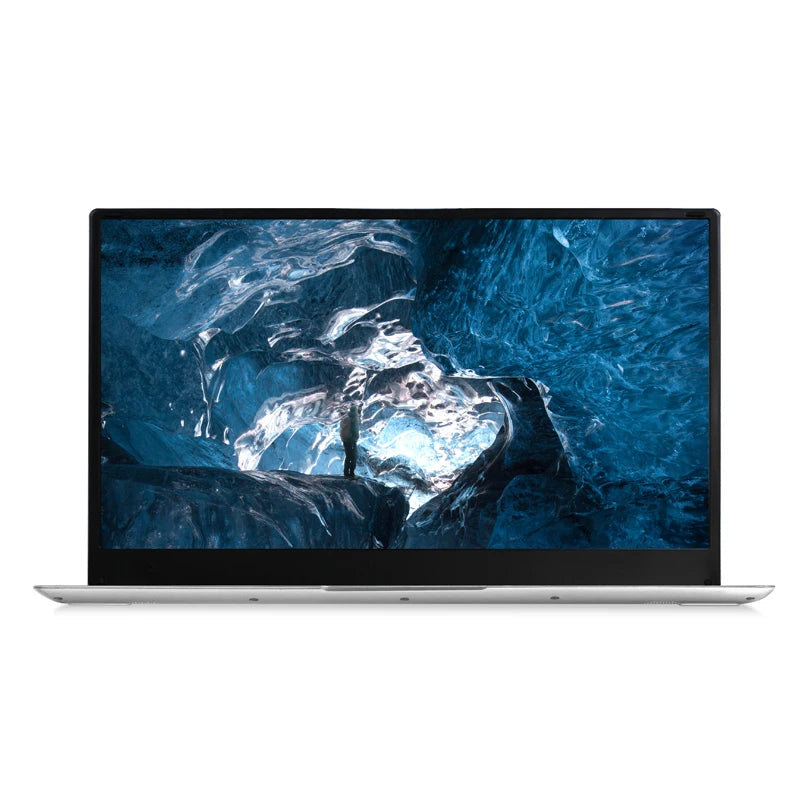 Silver 15.6-inch laptop with a slim bezel design and high-definition blue ice cave screen display.