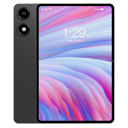 Dark grey 10.1-inch Android tablet with a dual-camera setup and a vibrant abstract colourful display.