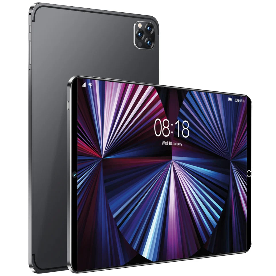 Sleek grey 10.1-inch Android tablet shown from front and back, featuring a vibrant display and triple-lens camera.