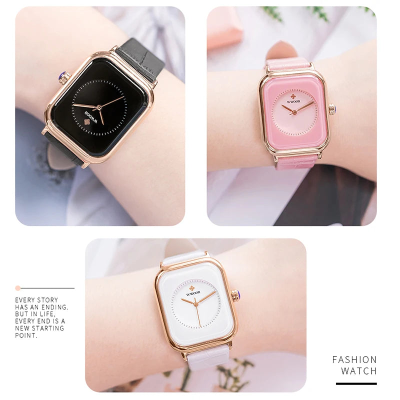 Ladies' fashion watches with square rose gold cases and leather straps in black, pink, or white on wrists.