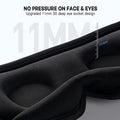 Close-up of a black 3D sleep mask featuring an 11mm deep, pressure-free moulded eye socket design.