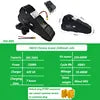 Black triangular electric bike lithium-ion battery pack with power cables, charger, and technical specification chart.