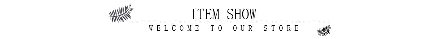 Black text on a white background that reads ITEM SHOW and WELCOME TO OUR STORE with a decorative leaf icon.