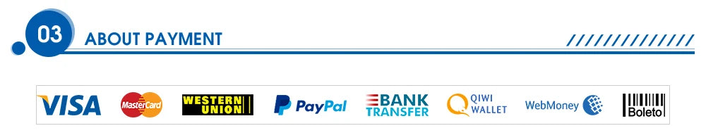 The provided image shows a list of accepted payment methods, including major credit cards and online transfer services.