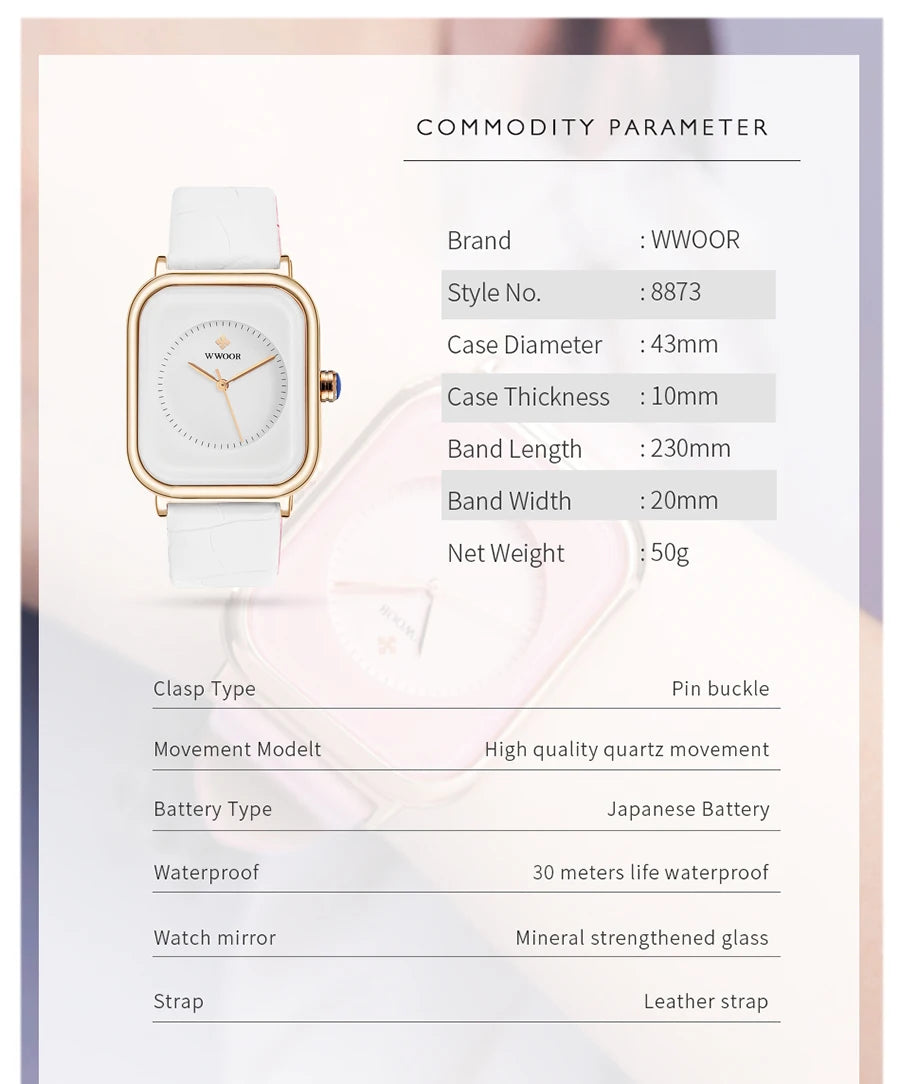 Ladies' square watch with a gold-tone case, white dial, and white leather strap, shown with a product specification table.
