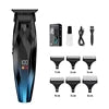 Black and blue cordless T-blade hair trimmer with LED display, charging cable, oil, brush, and six attachment guards.