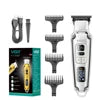 Professional silver cordless hair clipper with four comb attachments, charging cable, cleaning brush and retail box.