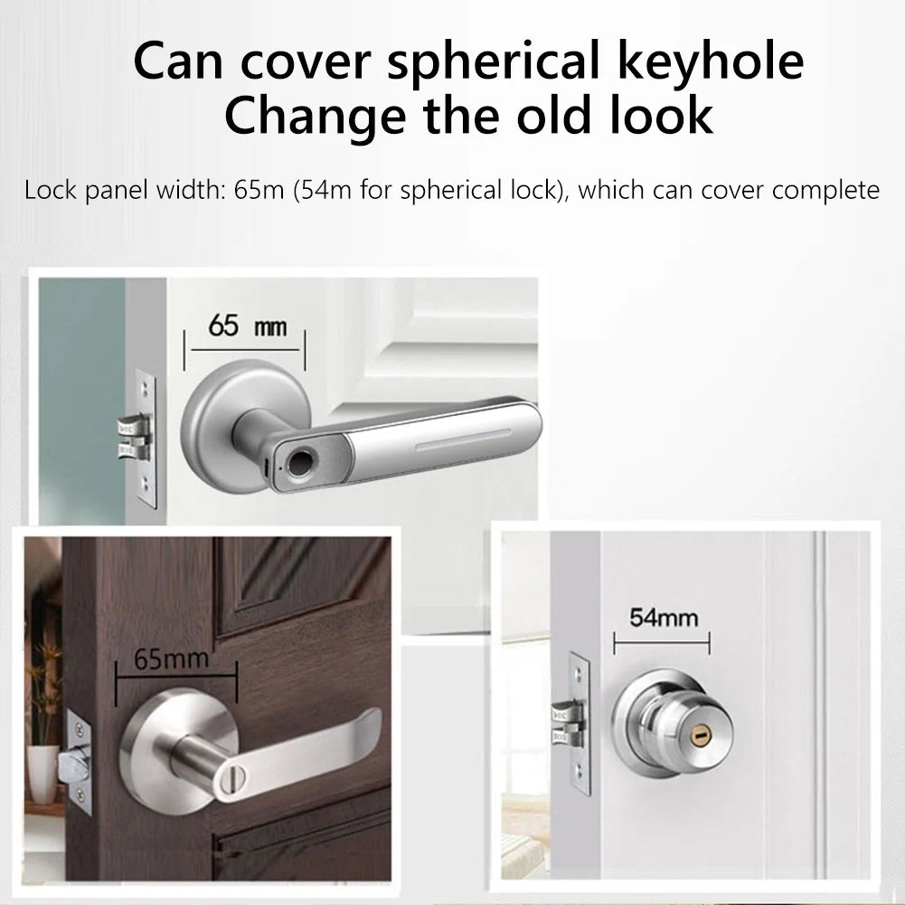 Silver-colored metal door handle with a fingerprint scanner, designed to cover 54mm or 65mm diameter keyholes.