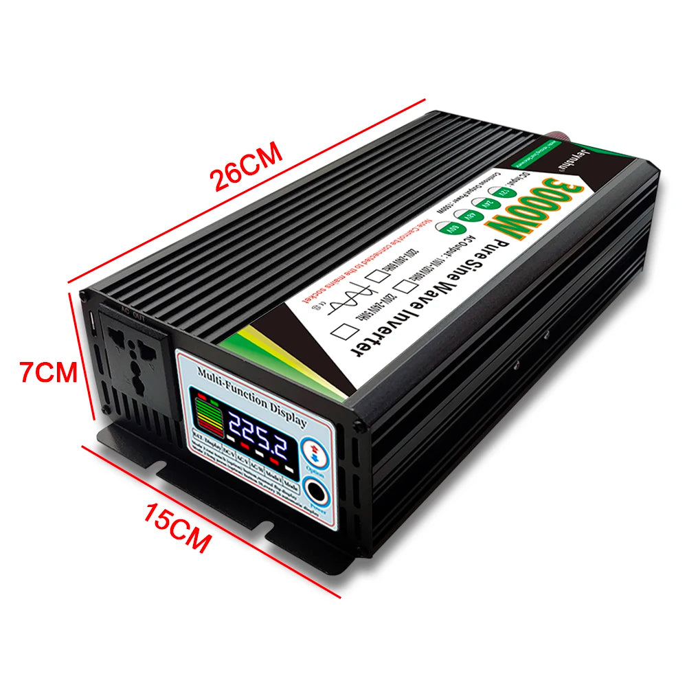 Black 3000W pure sine wave power inverter with a multi-function digital display and AC output socket. 26cm x 15cm x 7cm.