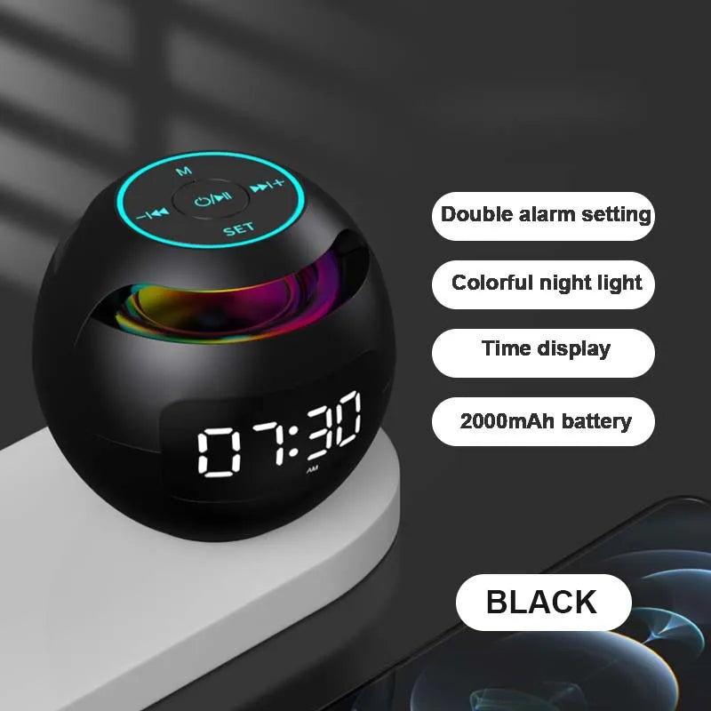Black spherical Bluetooth speaker with LED clock display, colourful accent lighting, and top-mounted control buttons.