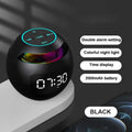 Black spherical Bluetooth speaker with LED clock display, colourful accent lighting, and top-mounted control buttons.