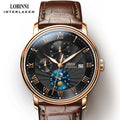 Lobinni men's watch with rose gold case, black dial, Roman numerals, moon phase, and brown leather strap.