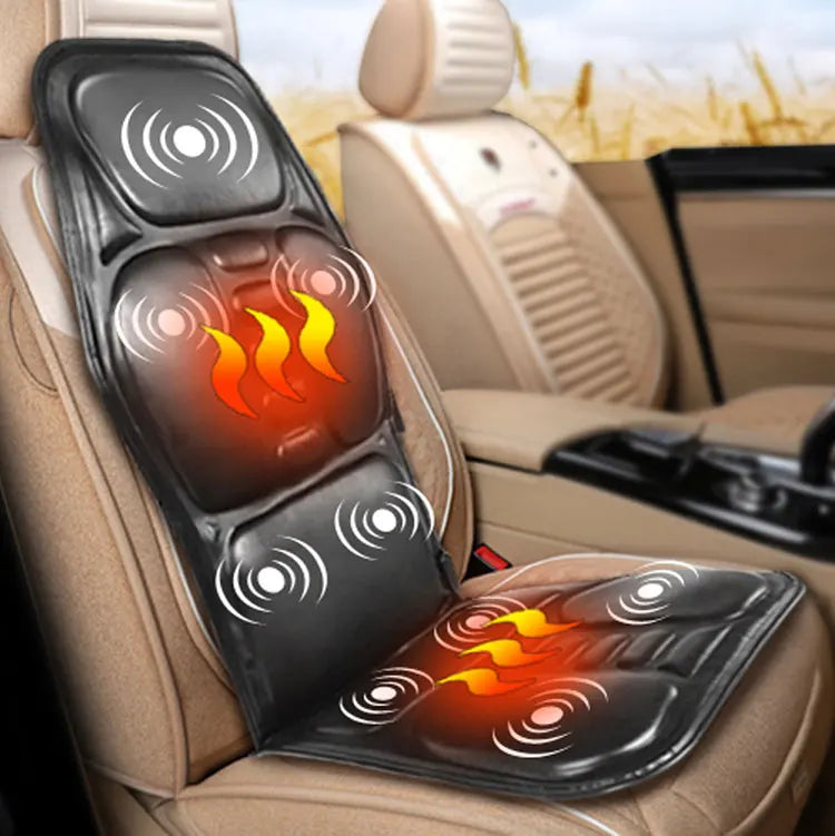 Black electric massage seat cushion with heat and vibration icons, fitted onto a car seat.