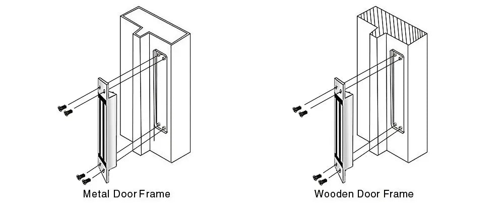 Line drawings showing installation of a magnetic door lock onto metal and wooden door frames with mounting screws.