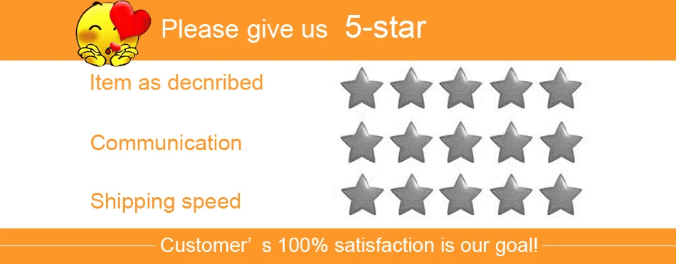 Feedback request graphic with orange background, smiley emoji, and three rows of five stars for rating service.