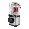 Silver professional blender with a clear sound-reduction cover, digital control panel, and a glass pitcher with fruit.