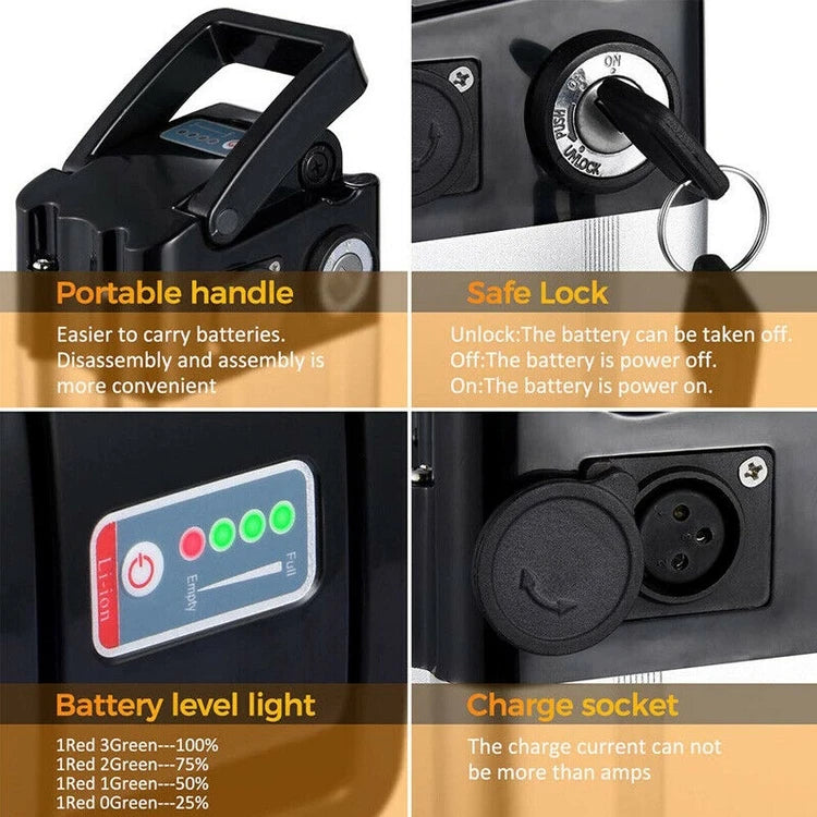 Black 48V 20Ah e-bike lithium battery featuring a portable handle, ignition key lock, LED power gauge, and charge port.