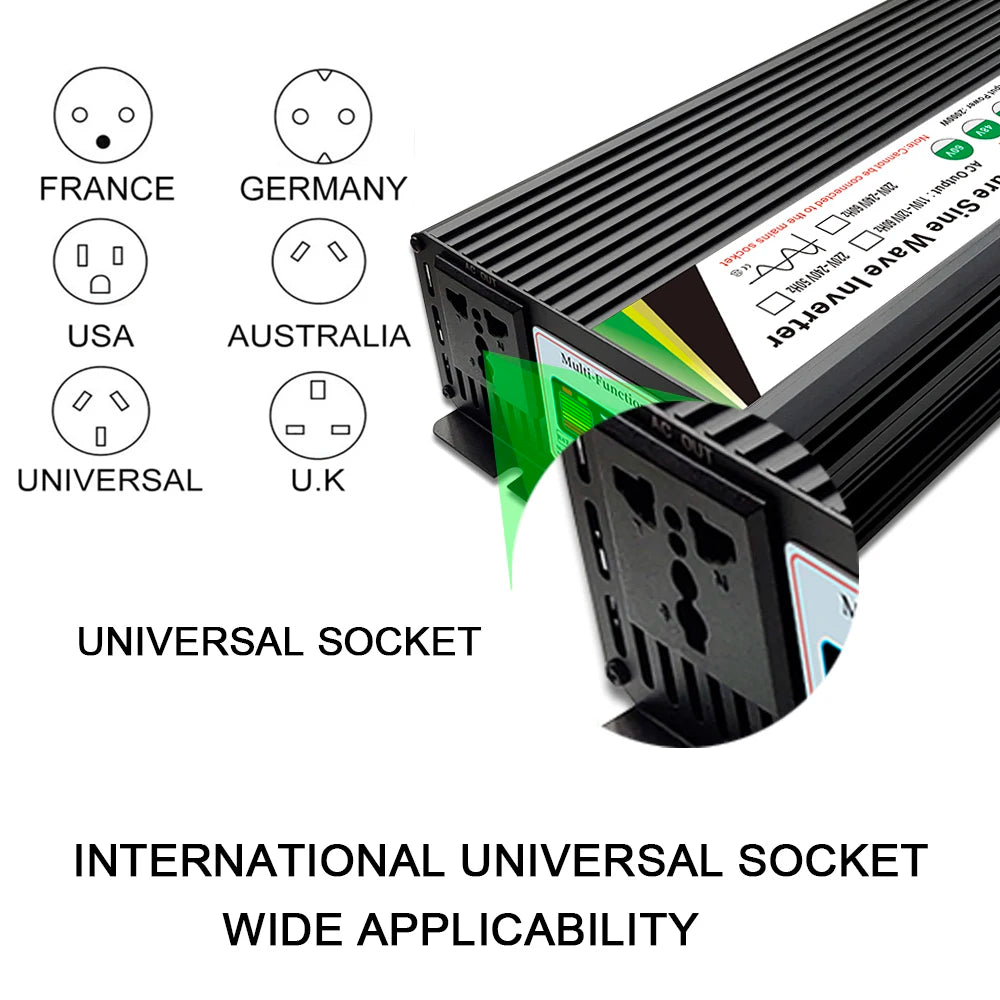 Black pure sine wave power inverter with a multi-functional universal socket compatible with international plug types.