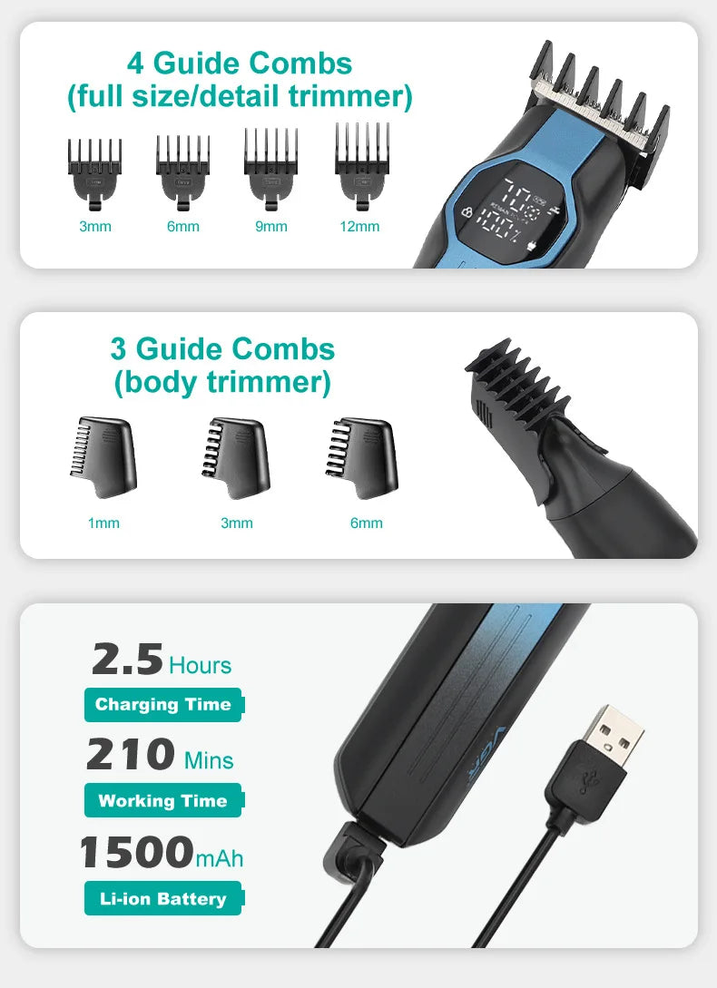 Black and blue men’s grooming kit with multiple trimmer heads, guide combs, and a USB rechargeable battery display.