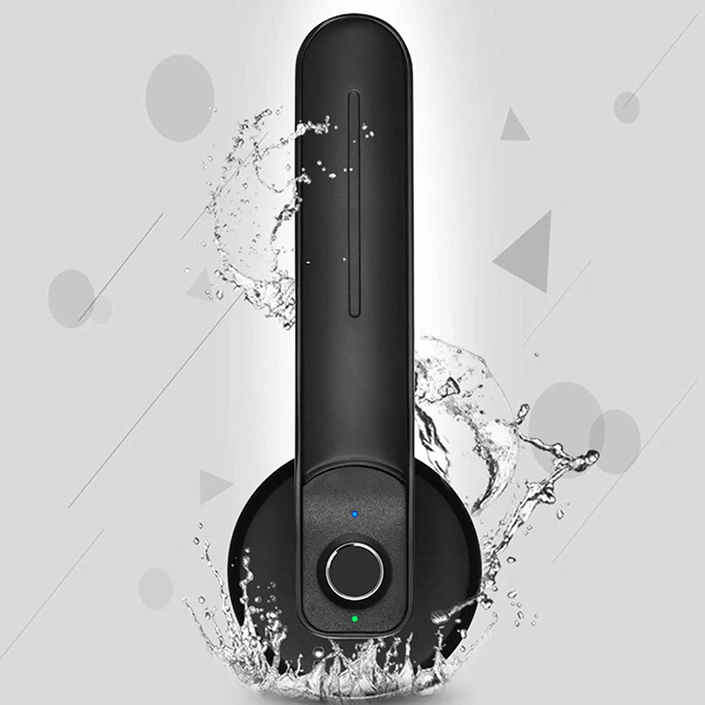 Matte black smart door handle with integrated circular fingerprint scanner and LED status indicators.
