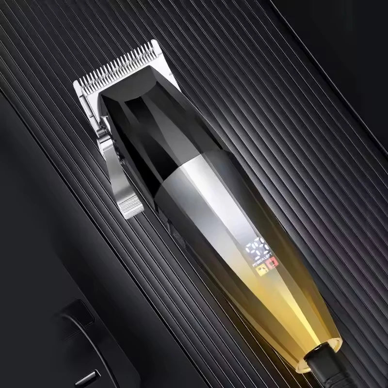 Professional cordless hair trimmer with a sleek black and gold gradient finish, T-blade, and digital battery display.