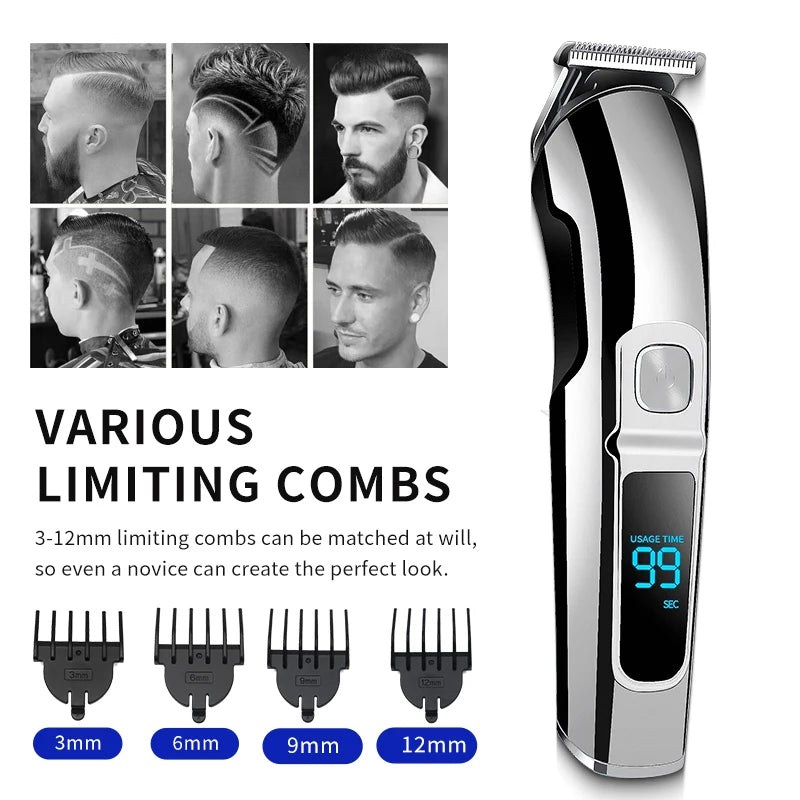 Chrome 6-in-1 hair trimmer with digital battery display and four guide combs (3mm to 12mm) for precise styling.
