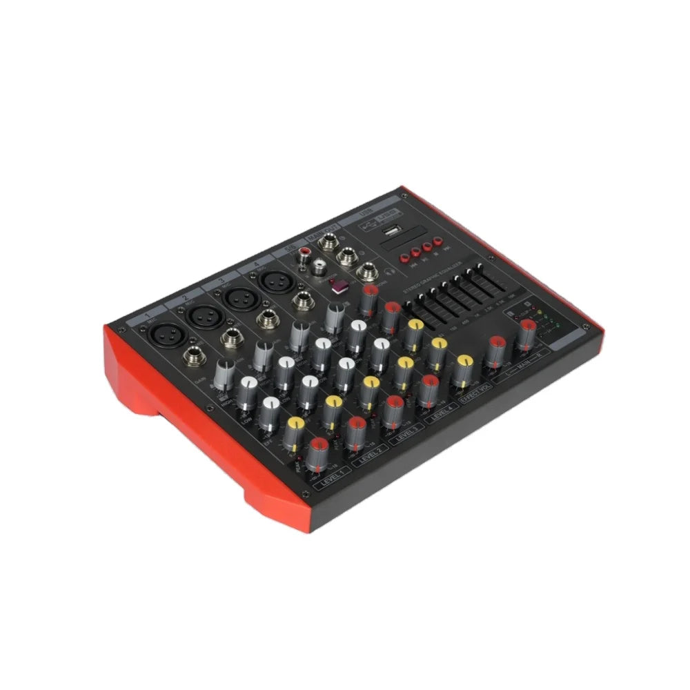 6-channel professional DJ audio mixing console in black and red, featuring USB input and graphic equaliser sliders.