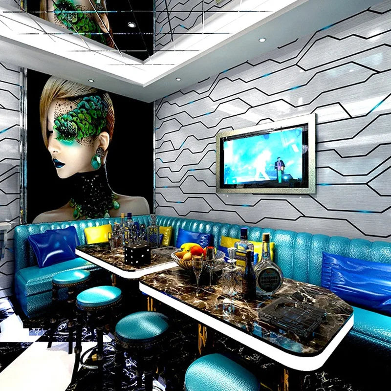 Modern 3D reflective wallpaper with geometric lines, featuring a striking high-fashion portrait mural on a feature wall.