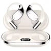 White wireless translation earbuds with a metallic finish, sitting in an open charging case with a digital display.