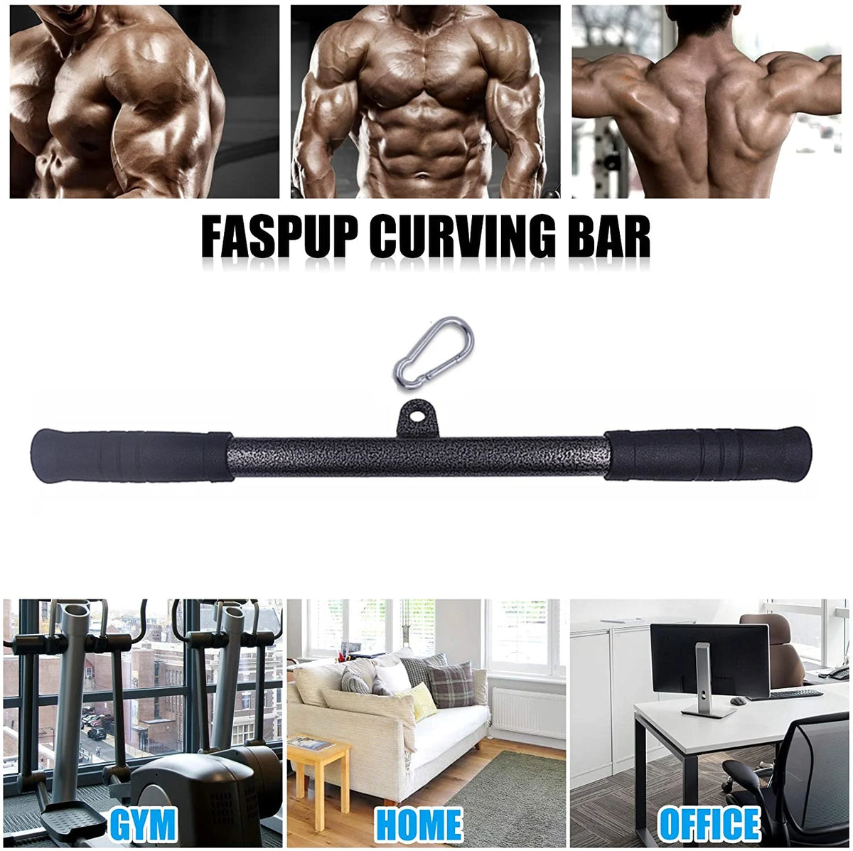 Faspup curving bar with black grips and carabiner, shown with bodybuilder and gym, home, and office use photos.
