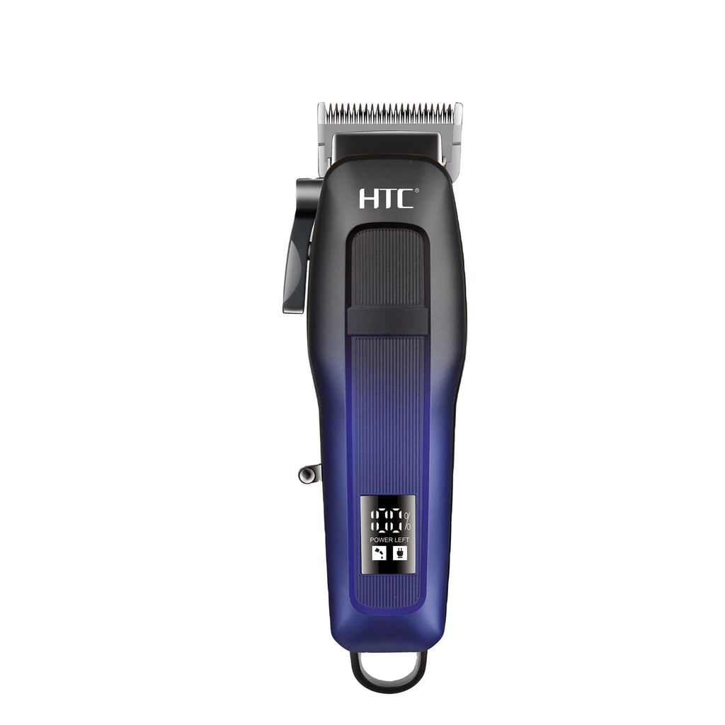 Professional cordless hair trimmer in black and blue with a digital power display and adjustable blade lever.