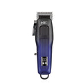 Professional cordless hair trimmer in black and blue with a digital power display and adjustable blade lever.