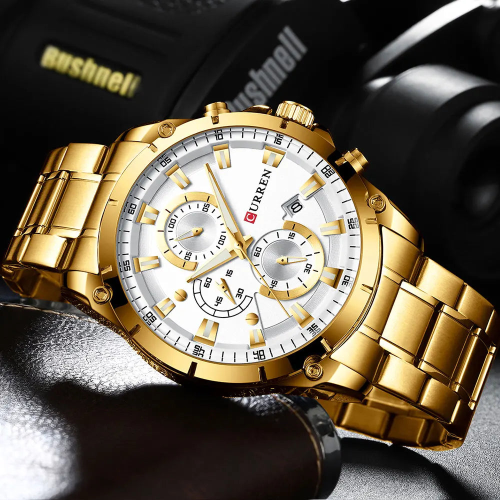 Luxury men's gold-tone stainless steel watch with a white dial, chronograph sub-dials, and a date display.