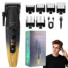 Professional black and gold electric hair clipper with six guide combs, charging cable, and box.
