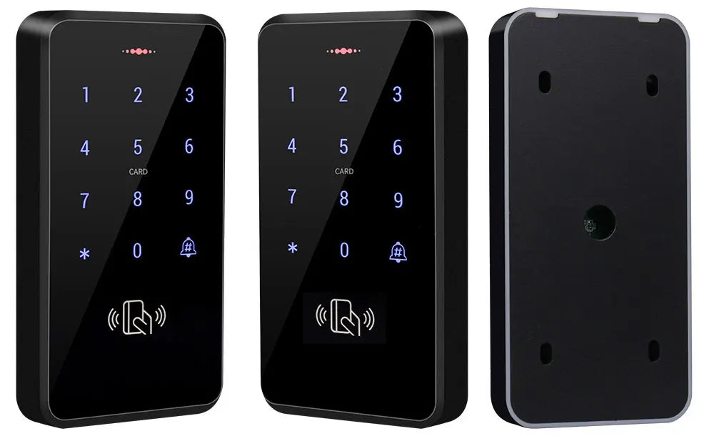 Black rectangular metal RFID access control keypad with glass touch surface, light-up numbers, and card sensor.