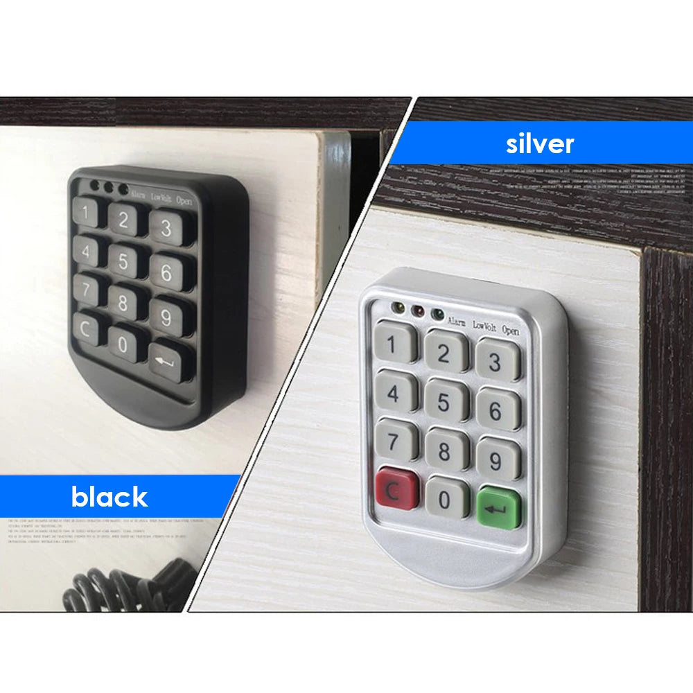 Digital electronic keypad locks for cabinets in black or silver plastic with numbered buttons and indicator lights.
