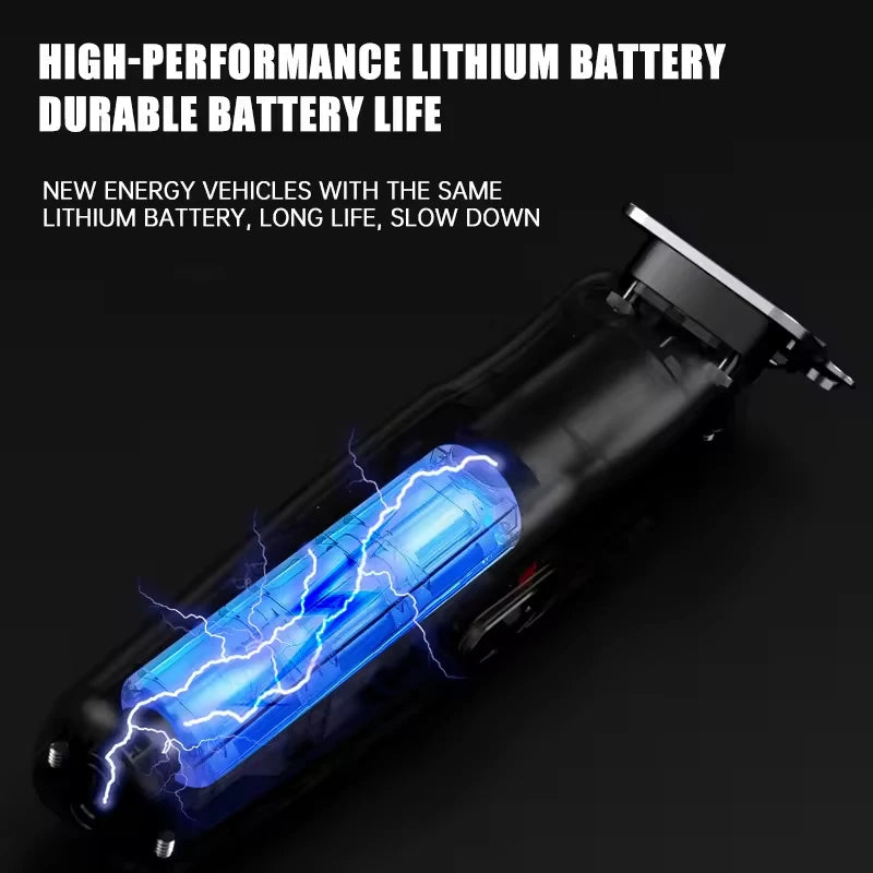 Sleek black professional cordless hair trimmer with an internal glowing blue lithium battery graphic.