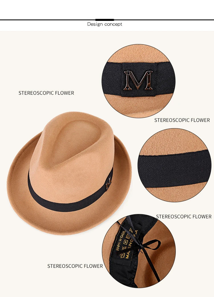Tan wool felt fedora with a black ribbon band and metallic ‘M’ logo detail, shown from various angles.