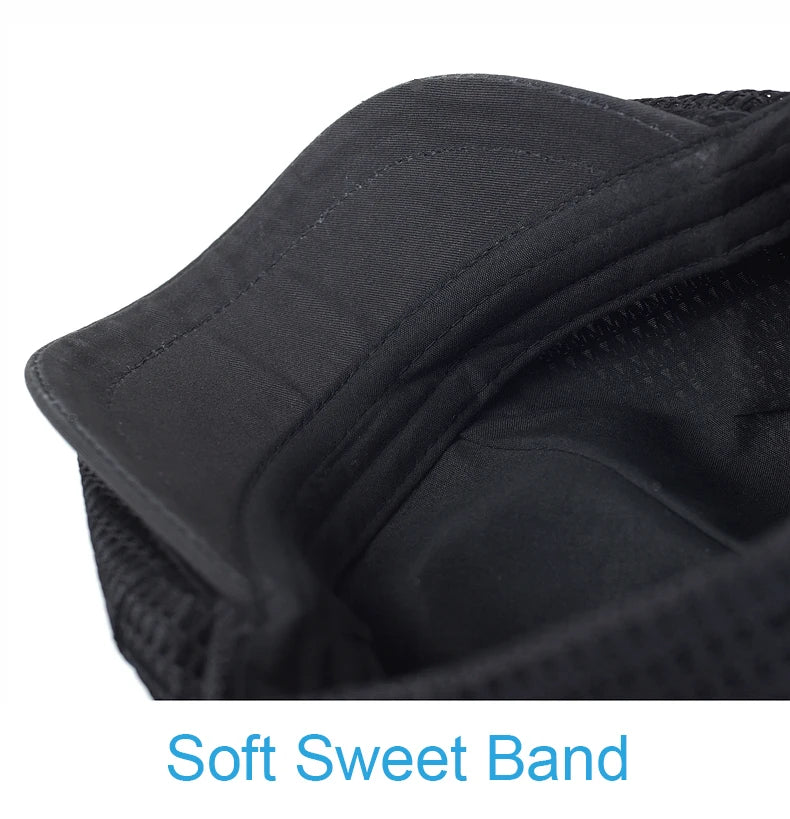 Close-up of a black unisex flat cap, showing the breathable mesh fabric and comfortable interior sweatband.
