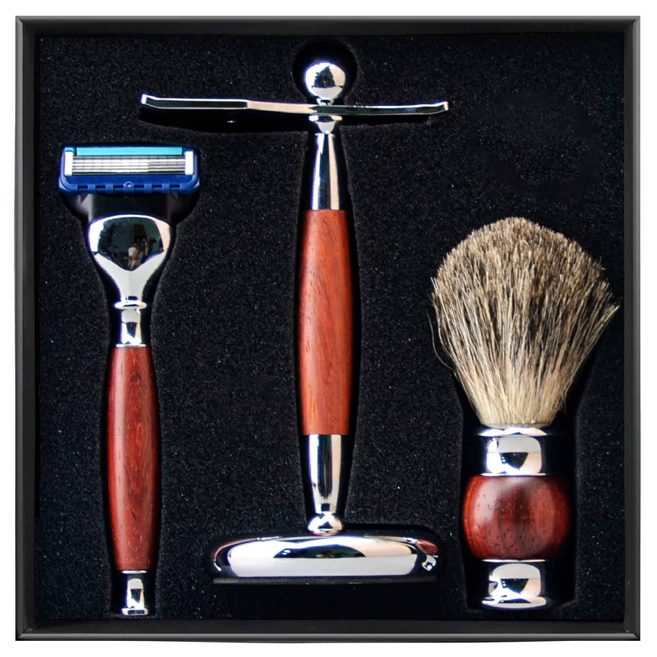 Barbers Stand Wet Shaving Safety Razor Kit with Badger Hair Brush and Five Blades
